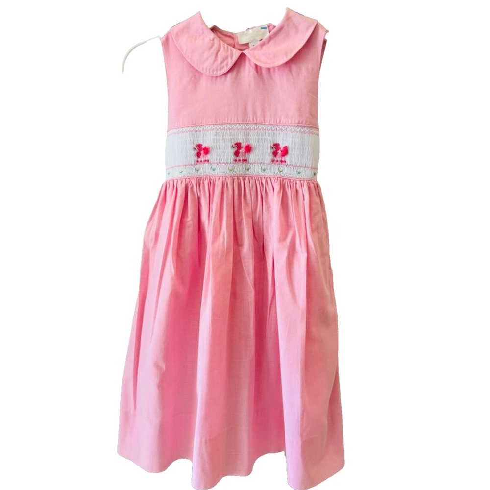ROSALINA COLLECTIONS Dress Pink TWILL Mini Check SMOCKED Poodle Dog Summer SZ 6Y